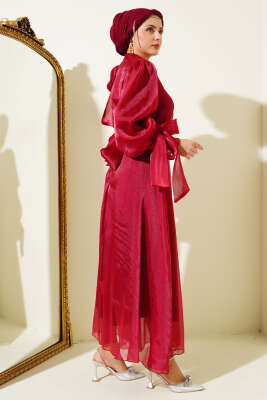 Prenses Janjan Tül Abiye Elbise Bordo - Tesettür Elbise