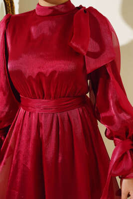 Prenses Janjan Tül Abiye Elbise Bordo - Tesettür Elbise