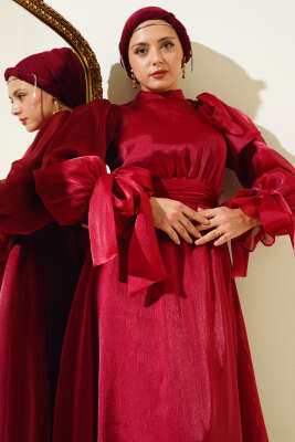 Prenses Janjan Tül Abiye Elbise Bordo - Tesettür Elbise
