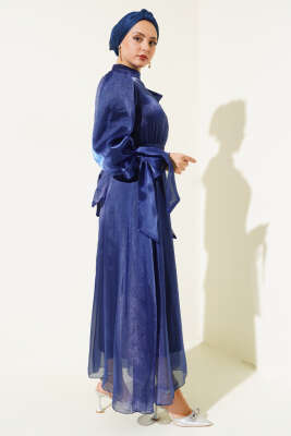 Prenses Janjan Tül Abiye Elbise Lacivert - Tesettür Elbise
