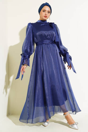 Prenses Janjan Tül Abiye Elbise Lacivert - Tesettür Elbise