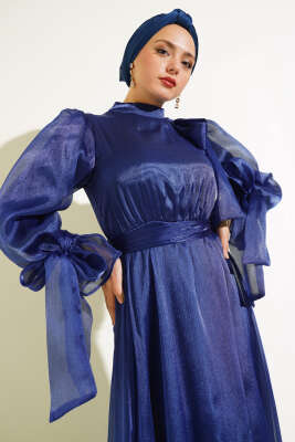 Prenses Janjan Tül Abiye Elbise Lacivert - Tesettür Elbise