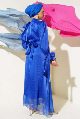 Prenses Janjan Tül Abiye Elbise Saks - Tesettür Elbise