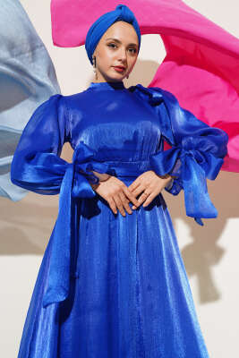 Prenses Janjan Tül Abiye Elbise Saks - Tesettür Elbise