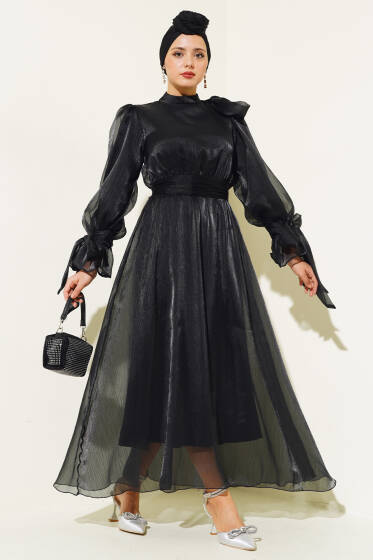 Prenses Janjan Tül Abiye Elbise Siyah - Tesettür Elbise