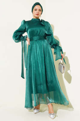 Prenses Janjan Tül Abiye Elbise Zümrüt - Tesettür Elbise
