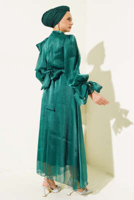 Prenses Janjan Tül Abiye Elbise Zümrüt - Tesettür Elbise