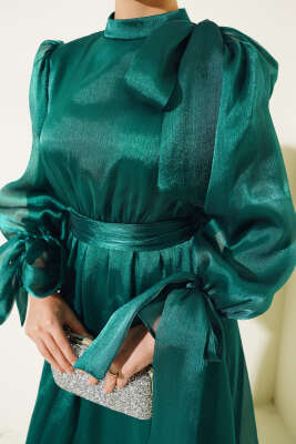 Prenses Janjan Tül Abiye Elbise Zümrüt - Tesettür Elbise