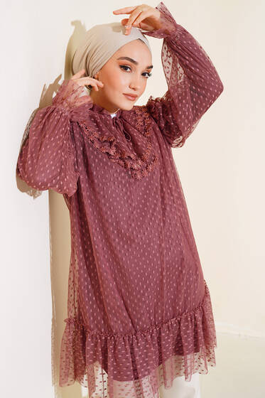 Puanlı Tül Tunik Kiremit - Tunik