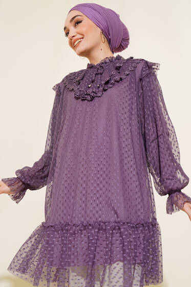 Puanlı Tül Tunik Mor - Tunik