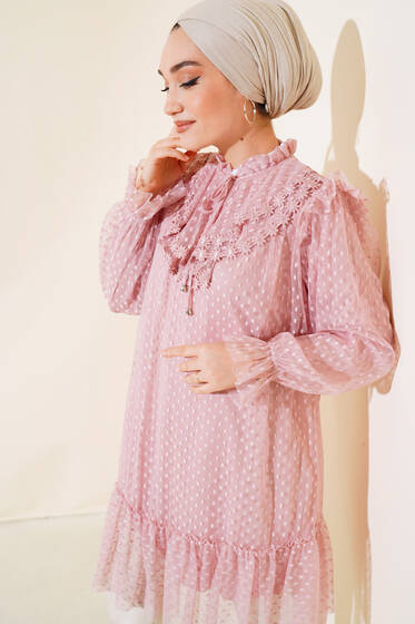 Puanlı Tül Tunik Pudra - Tunik
