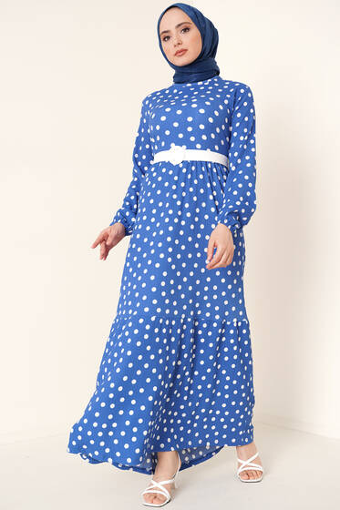 Puantiye Desen Bürümcük Elbise İndigo - Tesettür Elbise