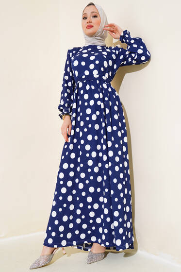 Puantiye Desen Bürümcük Elbise Lacivert - Elbise