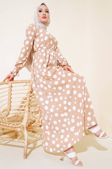Puantiye Desen Bürümcük Elbise Latte - Elbise