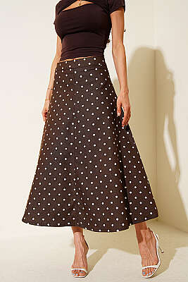 Puantiye Desen Gabardin Midi Etek Kahve - LEVURE