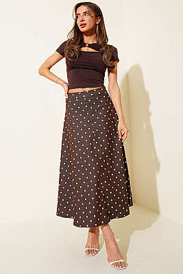 Puantiye Desen Gabardin Midi Etek Kahve - Kadın Giyim Modelleri