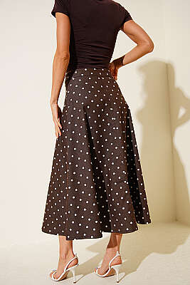 Puantiye Desen Gabardin Midi Etek Kahve - Kadın Giyim Modelleri