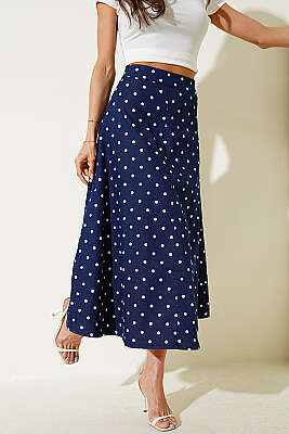 Puantiye Desen Gabardin Midi Etek Lacivert - LEVURE