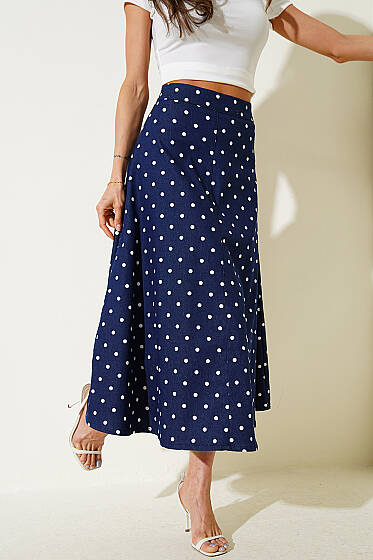 Puantiye Desen Gabardin Midi Etek Lacivert - Kadın Giyim Modelleri