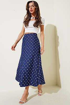 Puantiye Desen Gabardin Midi Etek Lacivert - Kadın Giyim Modelleri