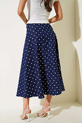 Puantiye Desen Gabardin Midi Etek Lacivert - Kadın Giyim Modelleri