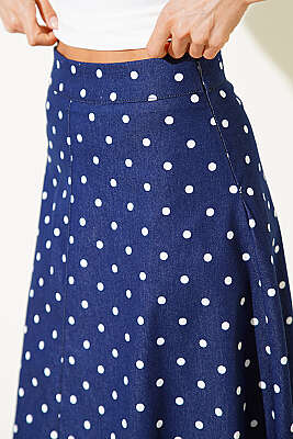 Puantiye Desen Gabardin Midi Etek Lacivert - Kadın Giyim Modelleri