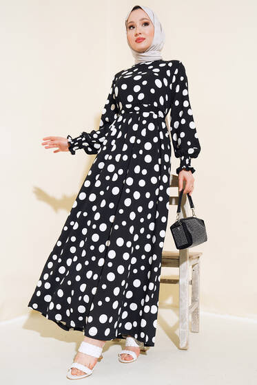 Puantiye Desen Bürümcük Elbise Siyah - Elbise