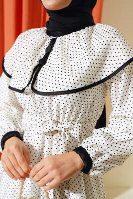 Puantiye Desen Kuşaklı Elbise Ekru - Tesettür Elbise