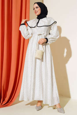 Puantiye Desen Kuşaklı Elbise Ekru - Tesettür Elbise