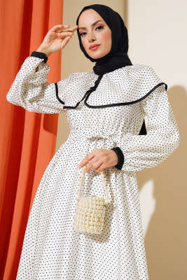 Puantiye Desen Kuşaklı Elbise Ekru - Tesettür Elbise