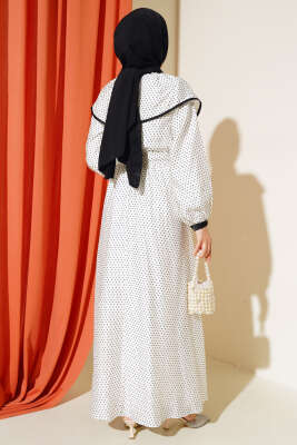 Puantiye Desen Kuşaklı Elbise Ekru - Tesettür Elbise