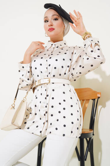 Puantiye Desen Saten Gömlek Krem - Gömlek