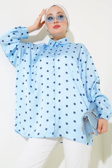 Puantiye Desen Saten Gömlek Mavi - Gömlek