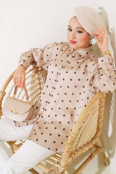 Puantiye Desen Saten Gömlek Vizon - Gömlek