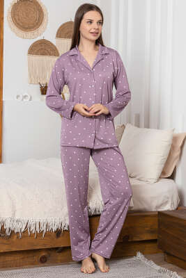 Puantiye Desenli Düğmeli Pijama Takımı Lila - Pijama
