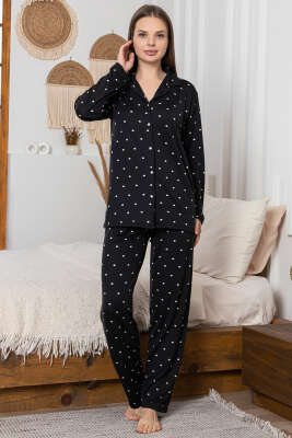 Puantiye Desenli Düğmeli Pijama Takımı Siyah Beyaz - Pijama