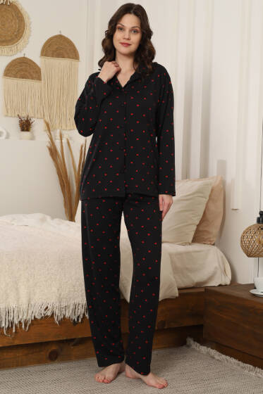 Puantiye Desenli Düğmeli Pijama Takımı Siyah Kırmızı - Pijama