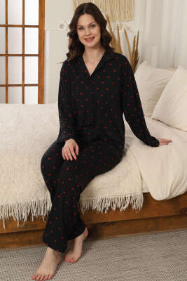 Puantiye Desenli Düğmeli Pijama Takımı Siyah Kırmızı - Pijama