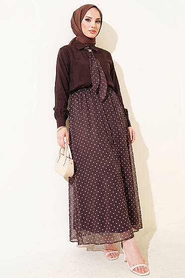 Puantiye Desenli Fularlı Etekli İkili Takım Acı Kahve - İkili Takım