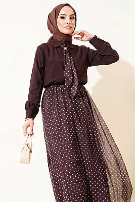 Puantiye Desenli Fularlı Etekli İkili Takım Acı Kahve - İkili Takım