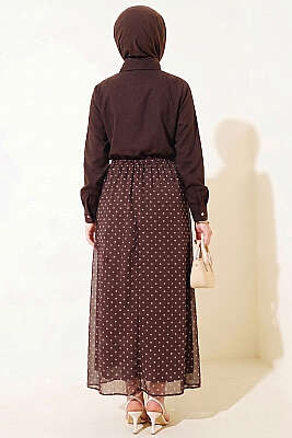 Puantiye Desenli Fularlı Etekli İkili Takım Acı Kahve - İkili Takım