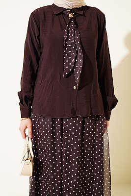 Puantiye Desenli Fularlı Etekli İkili Takım Acı Kahve - İkili Takım