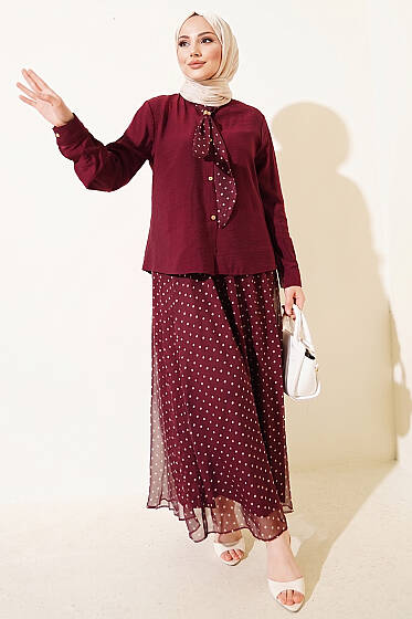 Puantiye Desenli Fularlı Etekli İkili Takım Bordo - İkili Takım