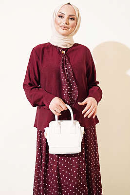 Puantiye Desenli Fularlı Etekli İkili Takım Bordo - İkili Takım