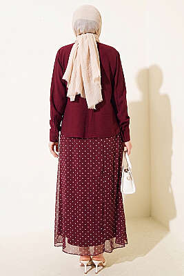 Puantiye Desenli Fularlı Etekli İkili Takım Bordo - İkili Takım