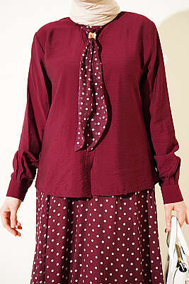 Puantiye Desenli Fularlı Etekli İkili Takım Bordo - İkili Takım