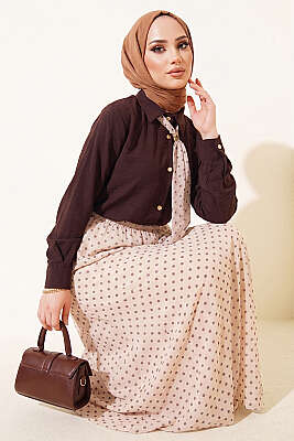 Puantiye Desenli Fularlı Etekli İkili Takım Kahve - MUSTİ