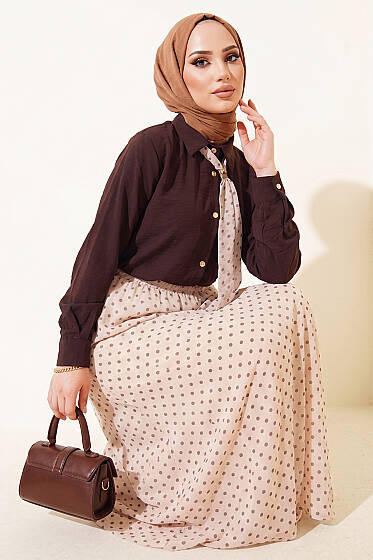 Puantiye Desenli Fularlı Etekli İkili Takım Kahve - İkili Takım