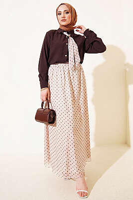 Puantiye Desenli Fularlı Etekli İkili Takım Kahve - İkili Takım