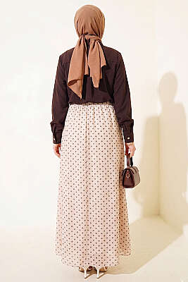 Puantiye Desenli Fularlı Etekli İkili Takım Kahve - İkili Takım